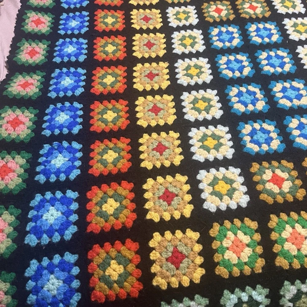 Vintage Roseanne Granny Square Crochet Afghan Blanket Black Retro Boho 53x76